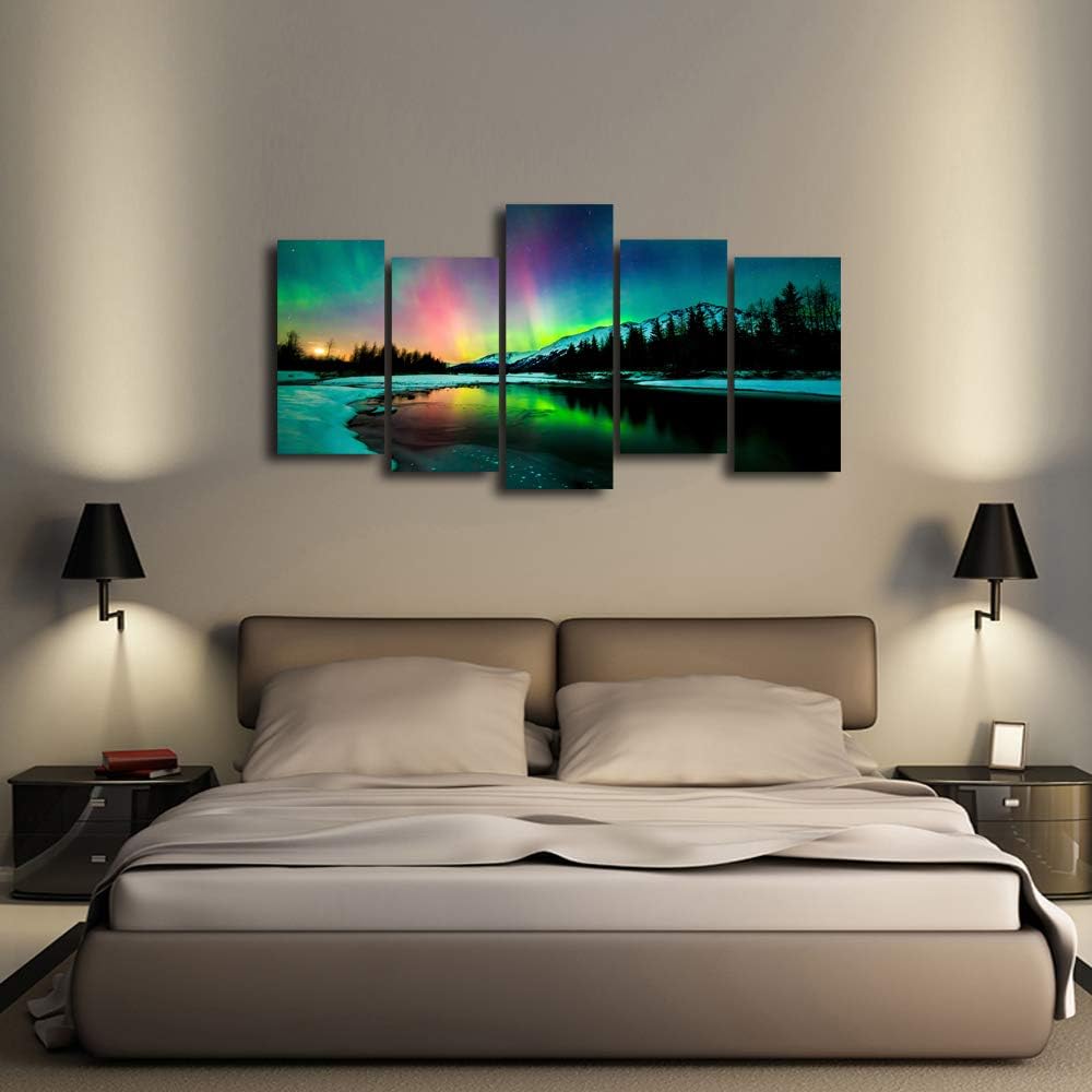 5 Pieces Green Aurora Borealis Scenery Canvas Prints Ready to Hang O33379