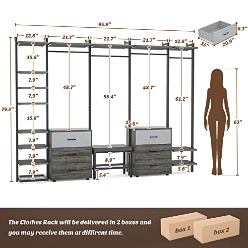 Grey Oak+Black Heavy Duty Wall Mounted Clothes Rack with 6-Drawers P99434