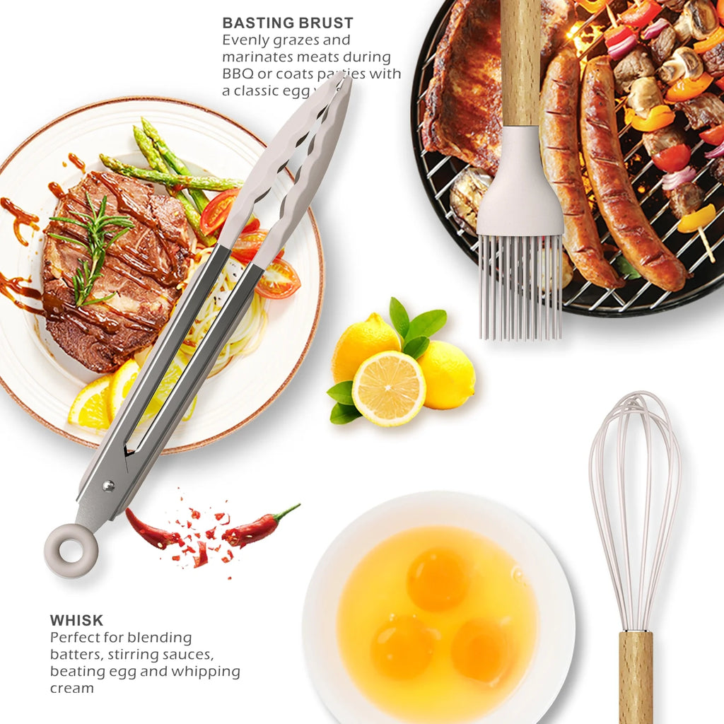 Silicone Cooking Utensils Set Wooden Handles Non-Stick Cookware M111443