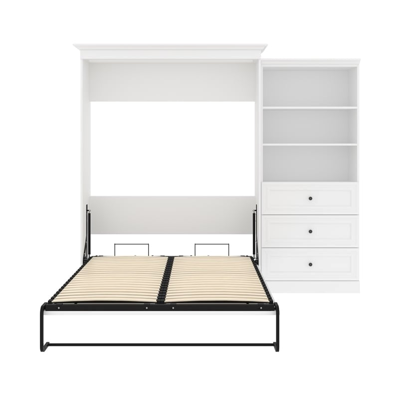 White Wood Queen Murphy Bed with Drawers A123