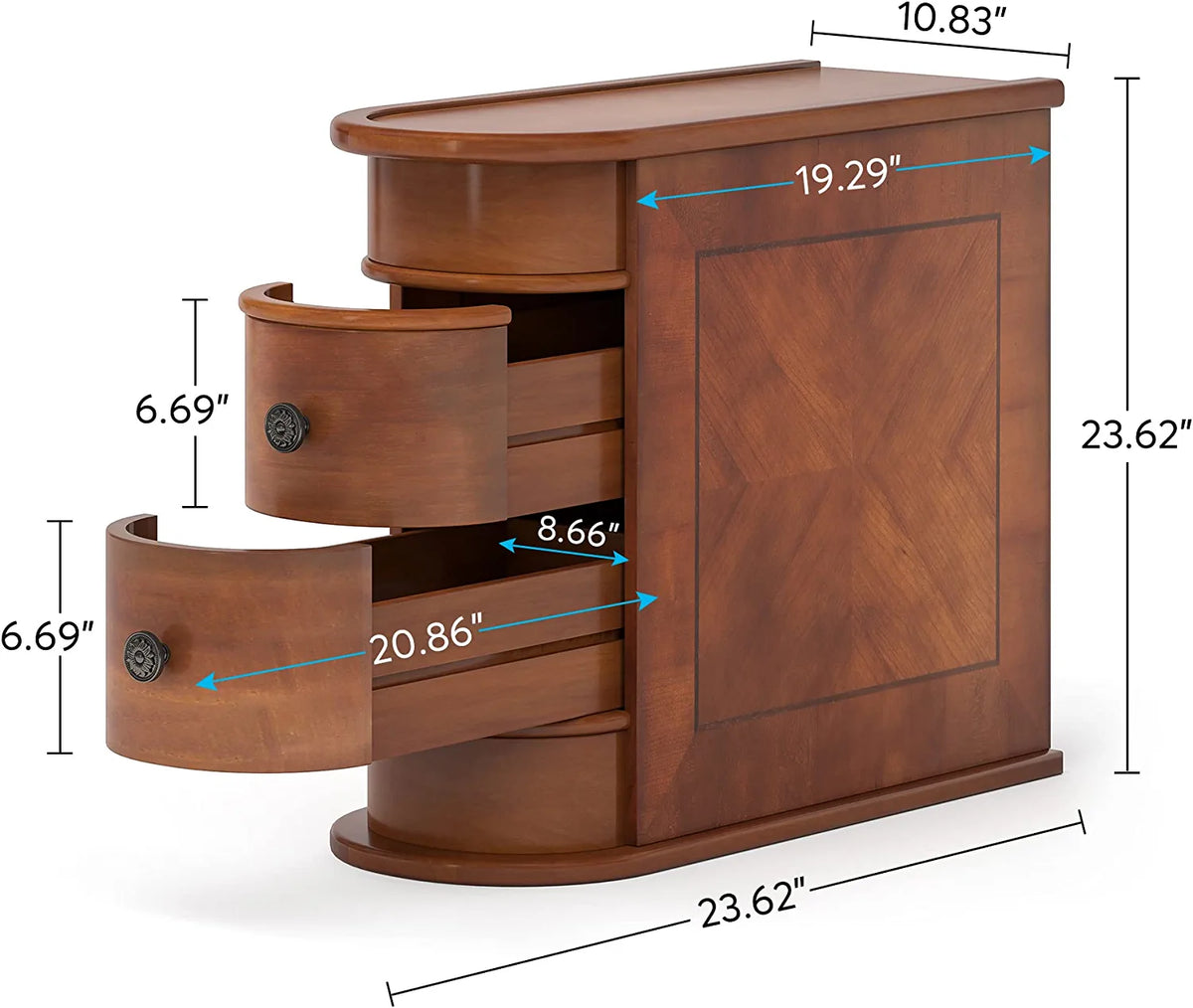 Half Round End Table with 2 Drawers, Sofa Side Desk with Storage, Slim Nightstand, Brown A154854