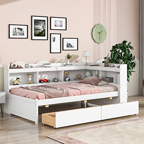 White Pine Wood Twin Size Platform Bed with L-shaped Bookcase Headboard and 2 Storage Drawers G608