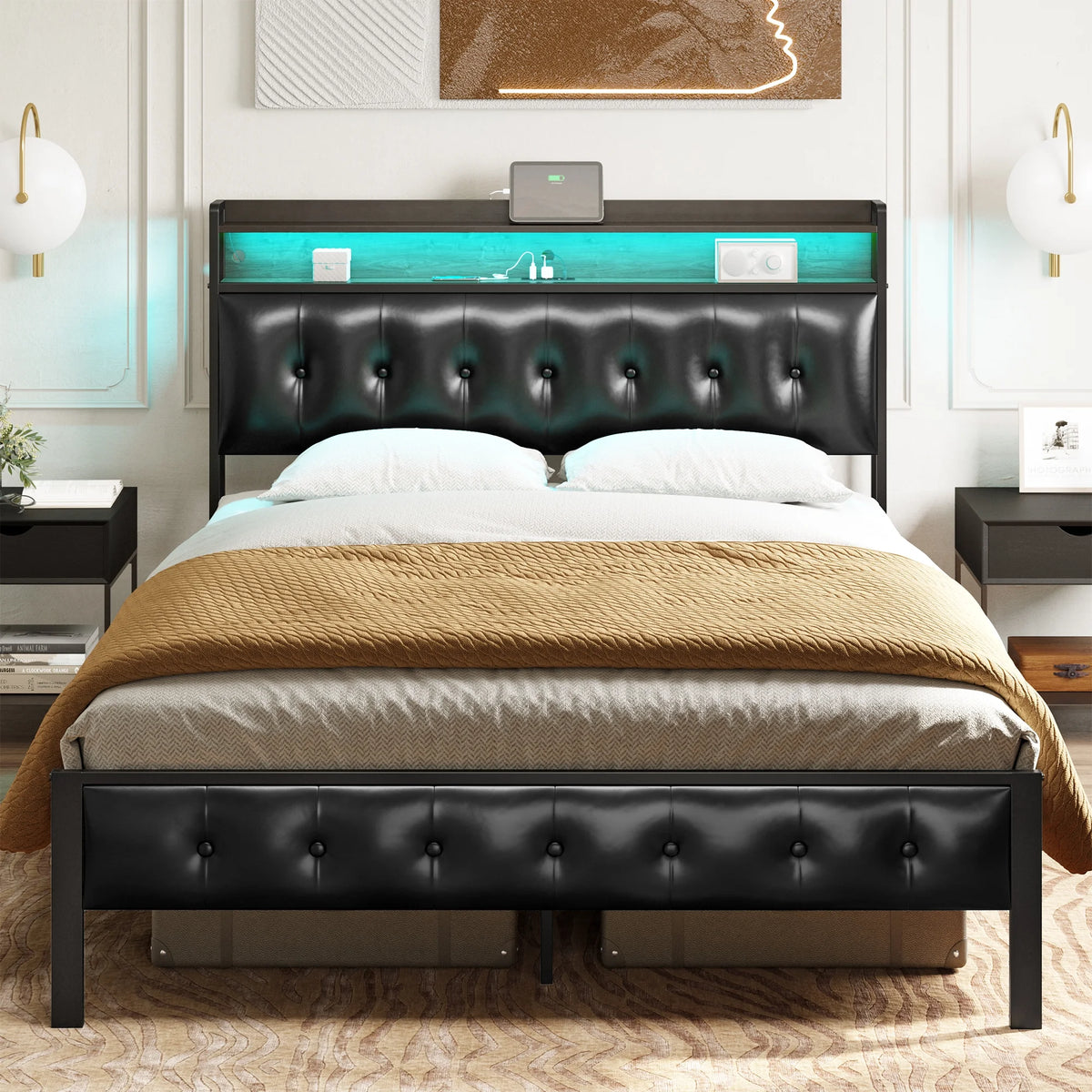 Queen Upholstered Platform Bed Frame with Storage Headboard U433770