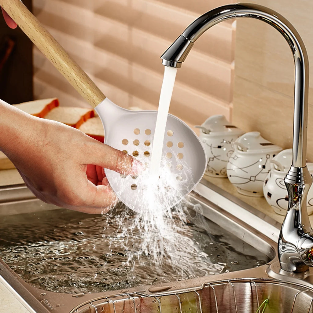 Silicone Cooking Utensils Set Wooden Handles Non-Stick Cookware M111443