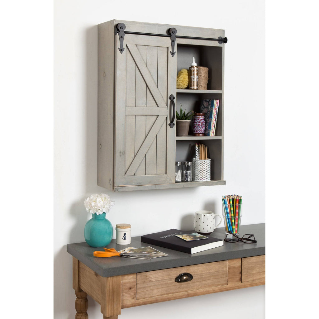 Rustic Gray Wood Wall Storage Cabinet with Sliding Barn Door K179571