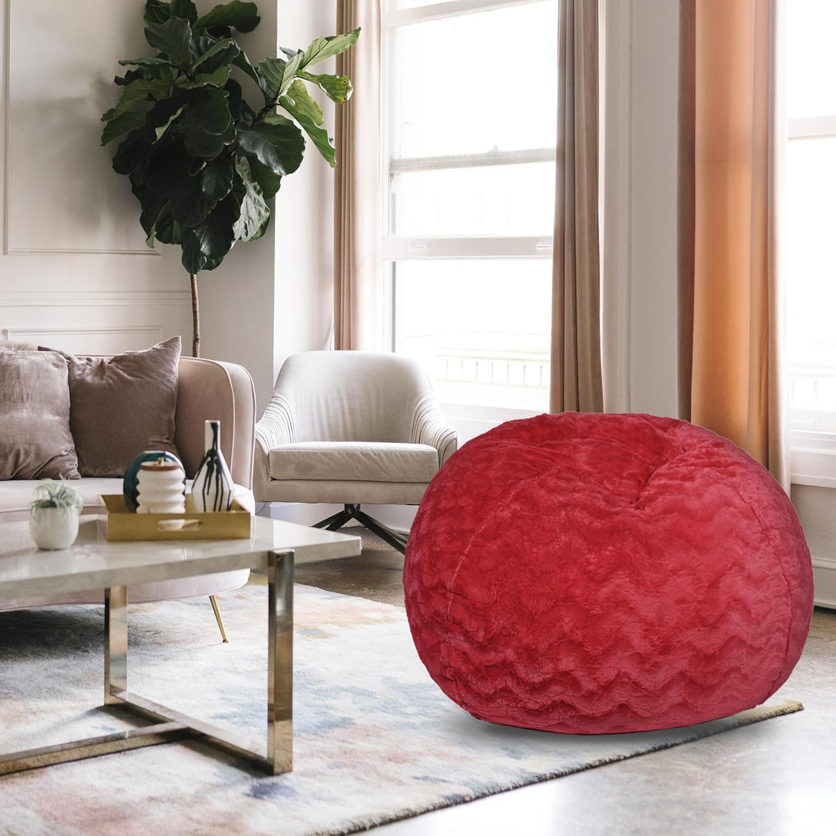 Red Faux Fur Bean Bag Chair with Memory Foam T8370