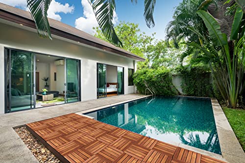 Interlocking Deck Tile (Pack of 10, 12"x12") Acacia Hardwood Patio Tile in Solid Acacia Wooden Oiled Finish Waterproof Golden Teak Color I3245