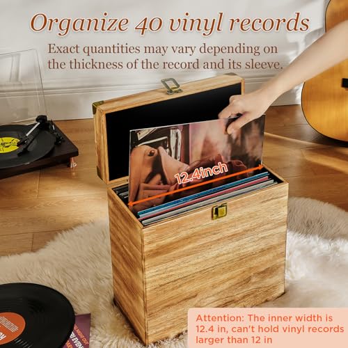 Carbonized Brown Wooden Vinyl Record Storage Box Holds 40 Records O948