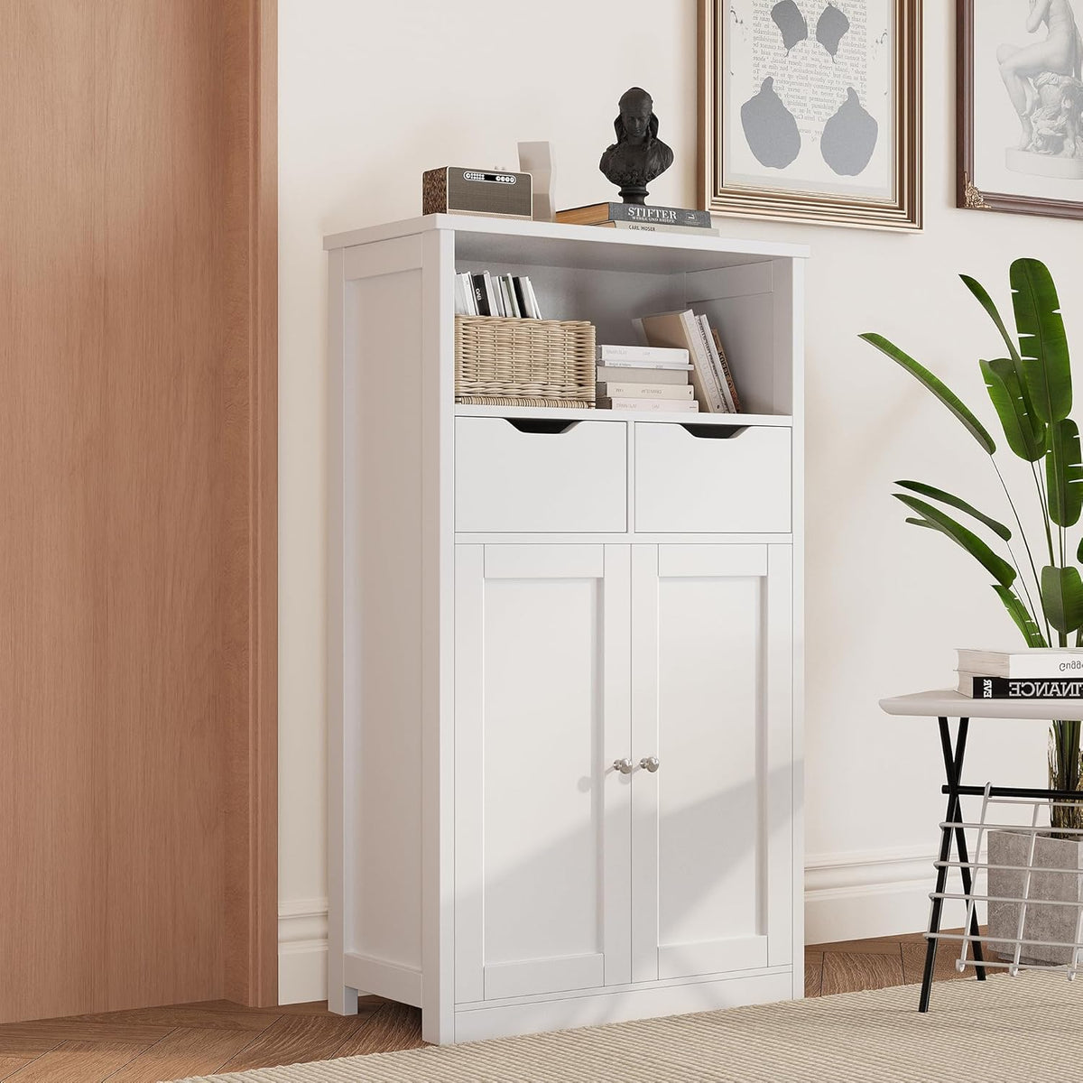 White Floor Storage Cabinet with Doors and Drawers and Adjustable Shelf D695