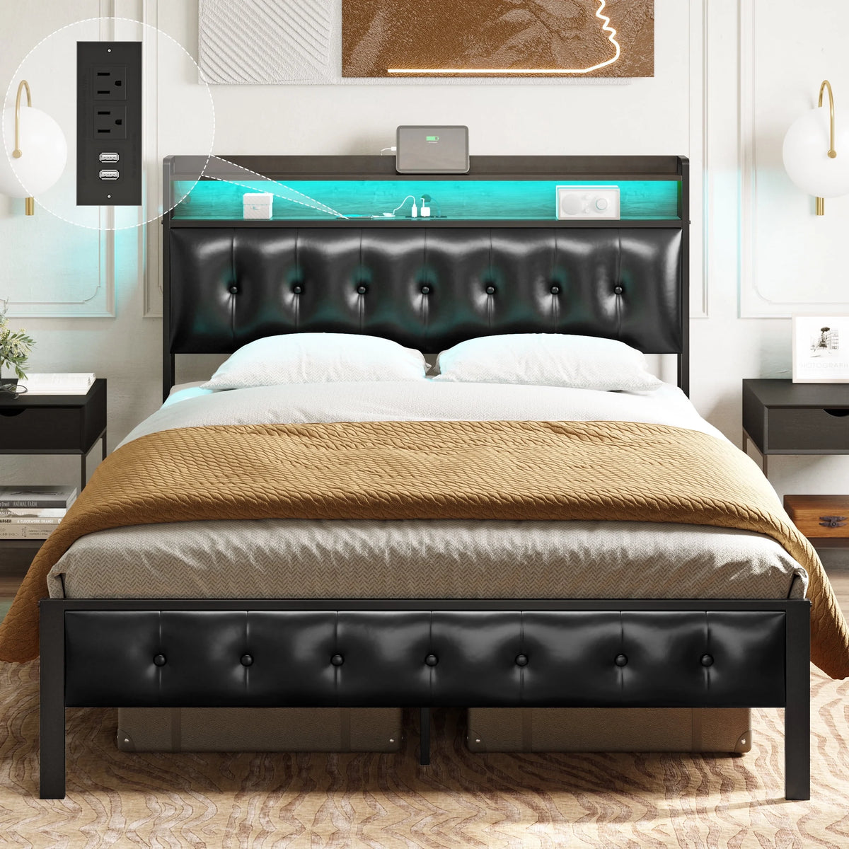 Queen Upholstered Platform Bed Frame with Storage Headboard U433770
