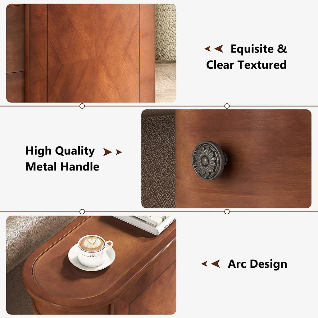 Half Round End Table with 2 Drawers, Sofa Side Desk with Storage, Slim Nightstand, Brown A154854