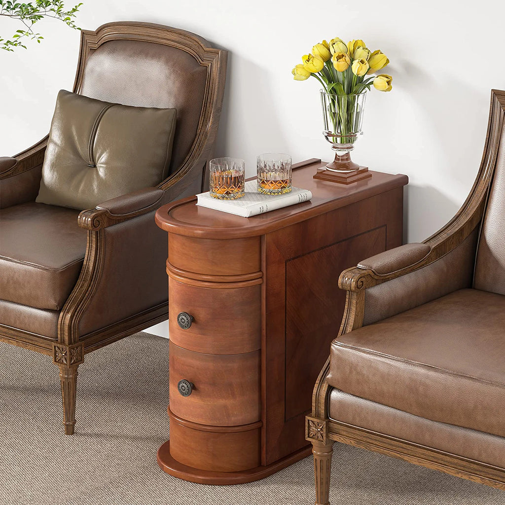 Half Round End Table with 2 Drawers, Sofa Side Desk with Storage, Slim Nightstand, Brown A154854