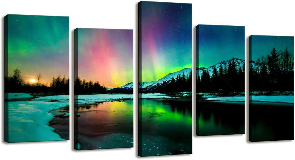 5 Pieces Green Aurora Borealis Scenery Canvas Prints Ready to Hang O33379