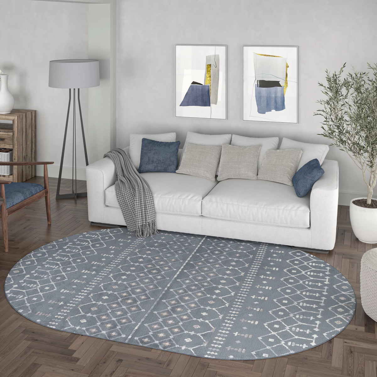 5'3'' x 7'3'' Oval Geometric Dark Gray Cream Area Rug F109870