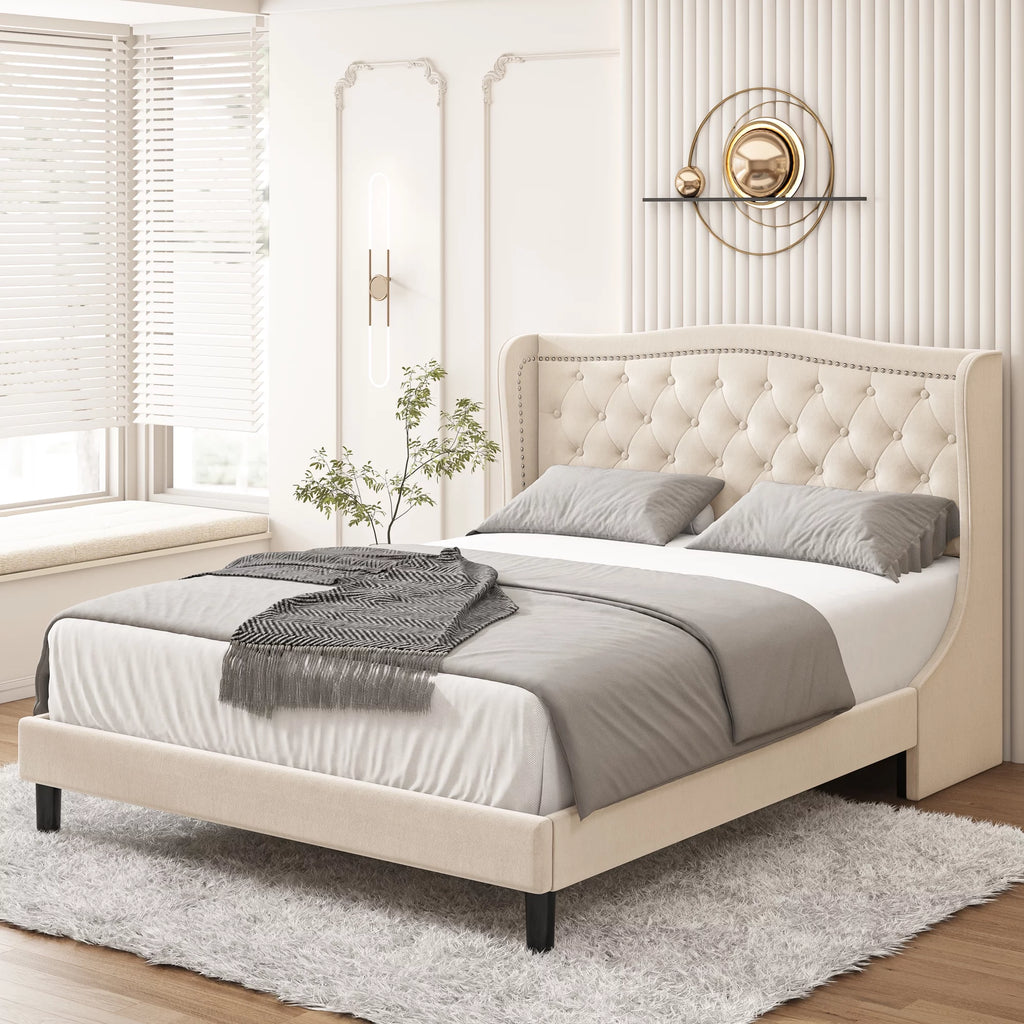King Bed Frame with Wing-Back Button Tufted Upholstered Headboard L927