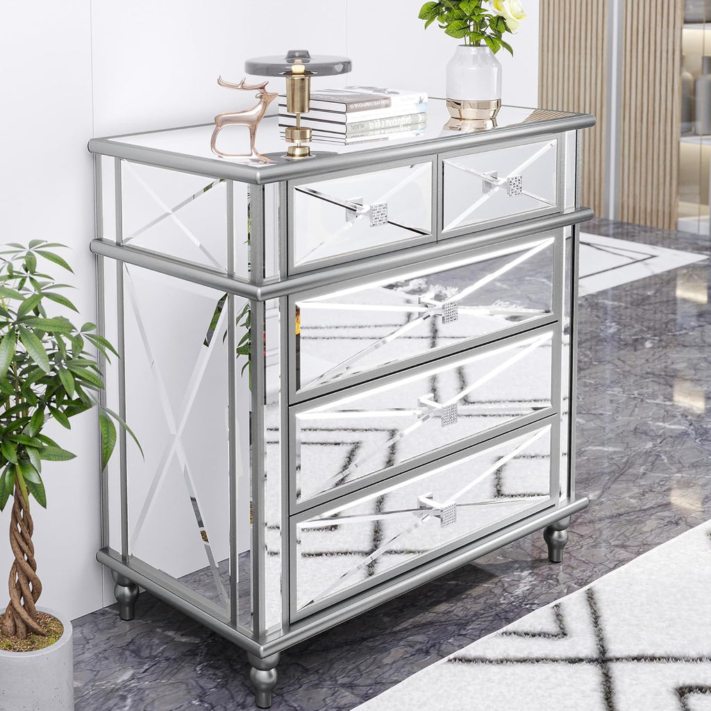Silver Mirrored 5 Drawer Dresser with Wood Legs B53611