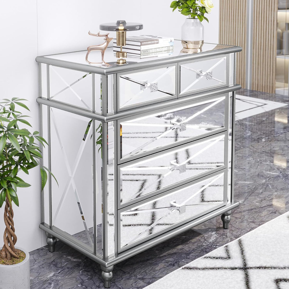Silver Mirrored 5 Drawer Dresser with Wood Legs B53611