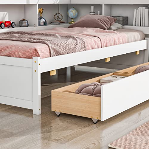 White Pine Wood Twin Size Platform Bed with L-shaped Bookcase Headboard and 2 Storage Drawers G608