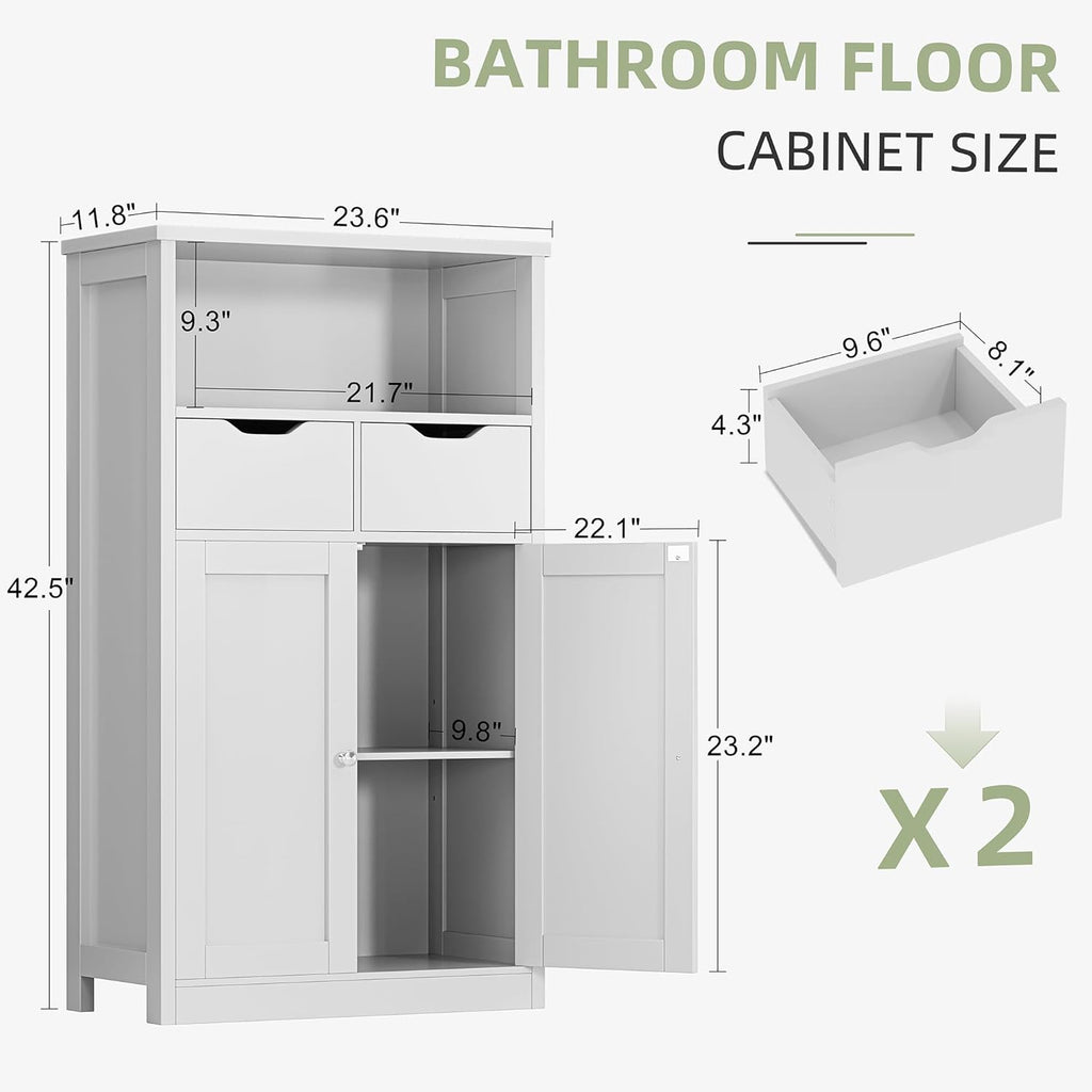 White Floor Storage Cabinet with Doors and Drawers and Adjustable Shelf D695