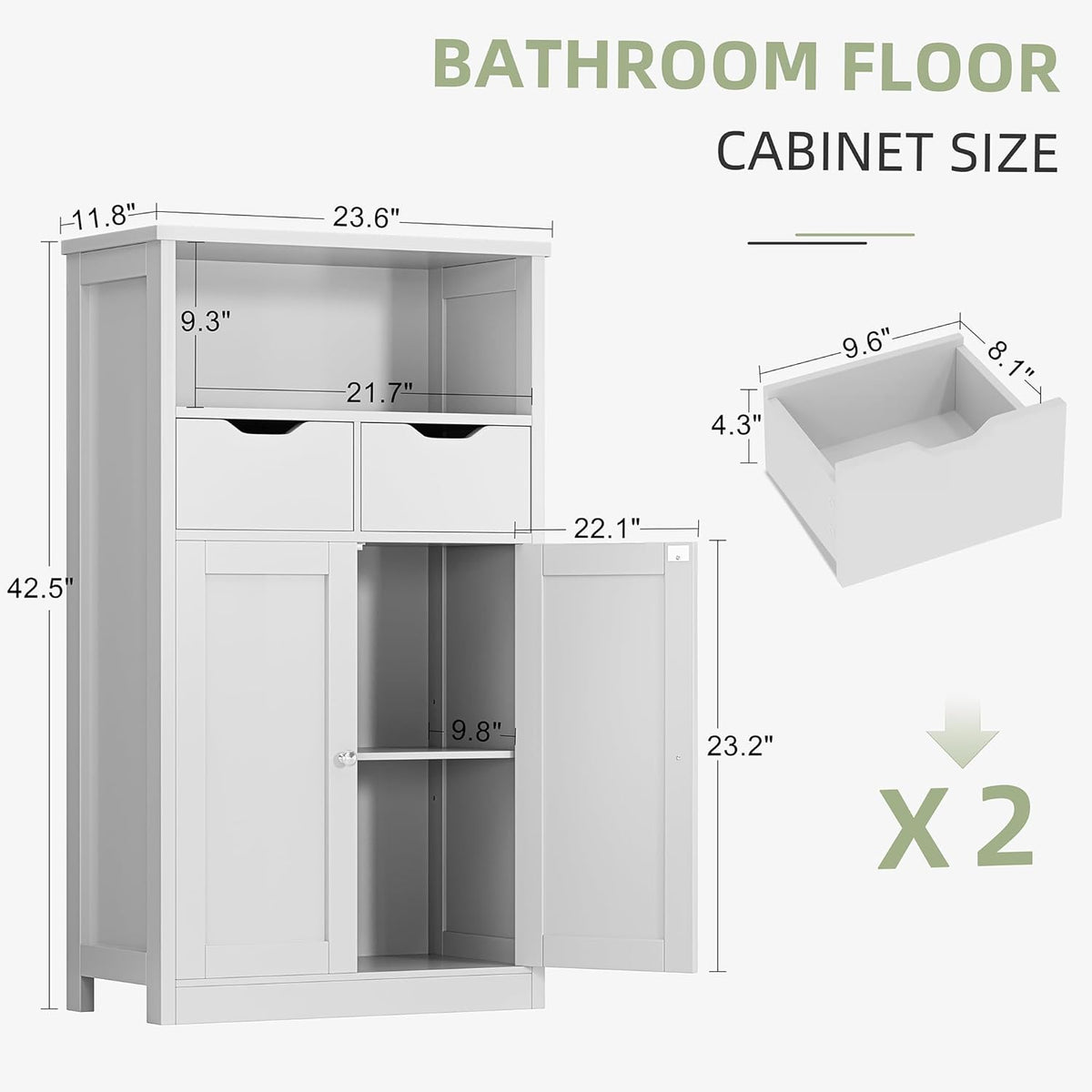 White Floor Storage Cabinet with Doors and Drawers and Adjustable Shelf D695