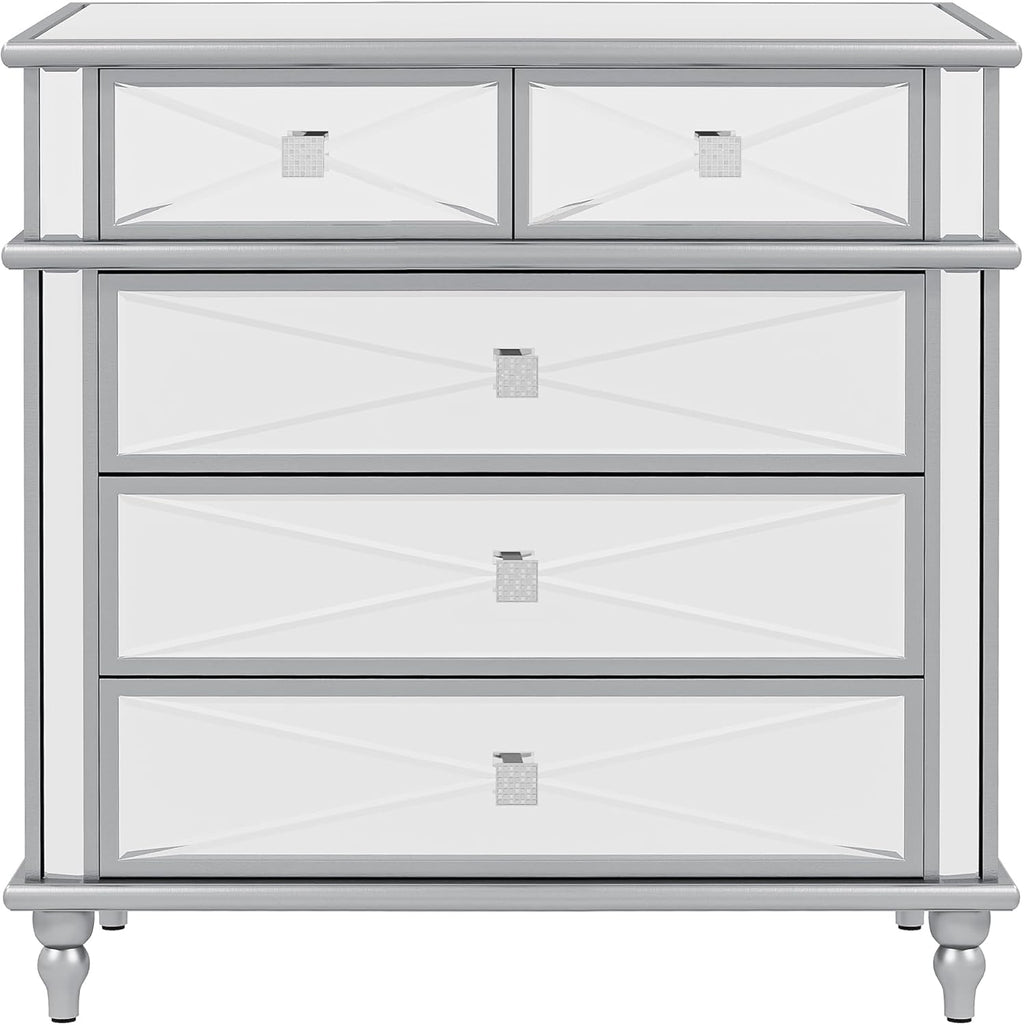 Silver Mirrored 5 Drawer Dresser with Wood Legs B53611