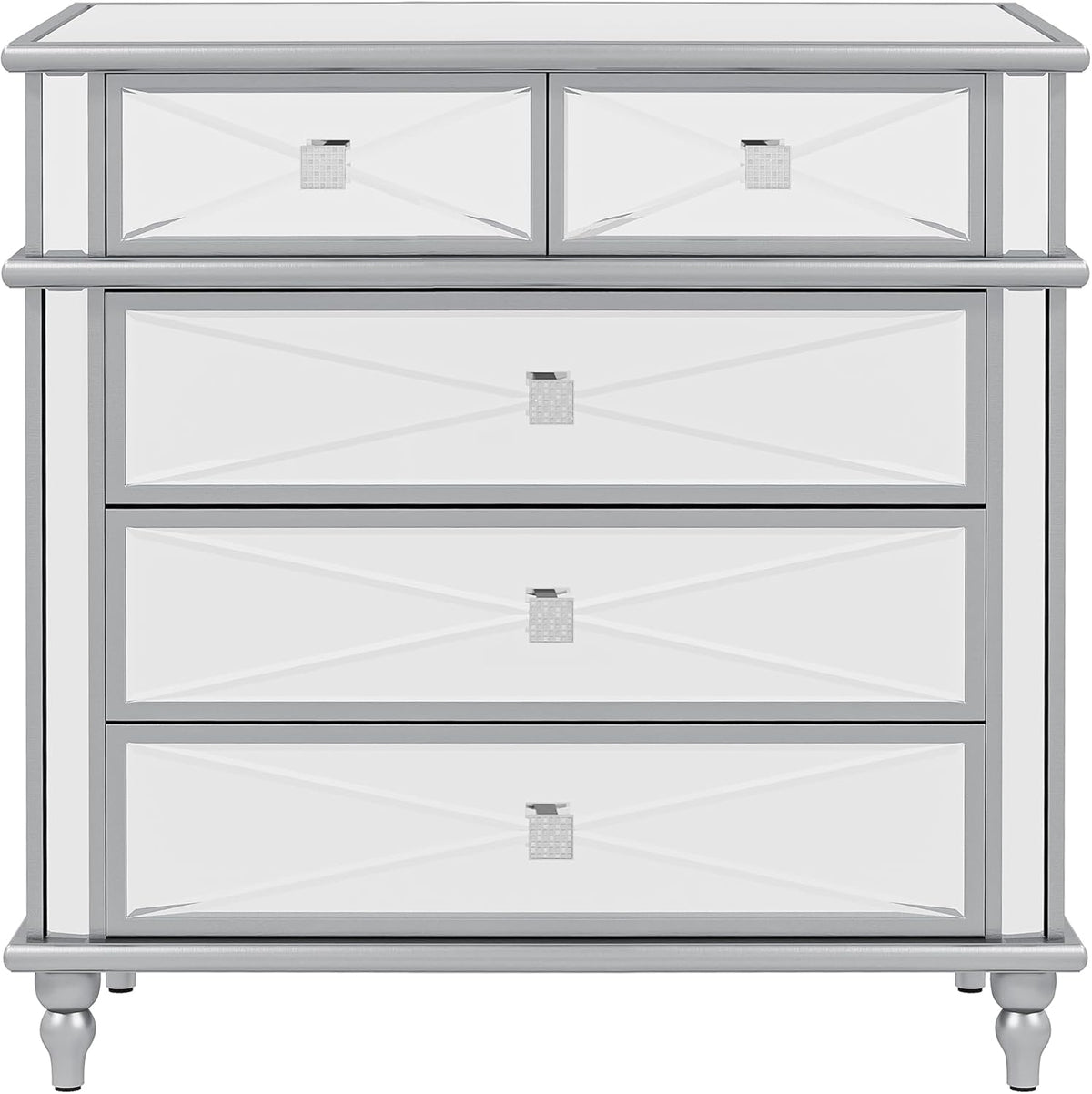 Silver Mirrored 5 Drawer Dresser with Wood Legs B53611