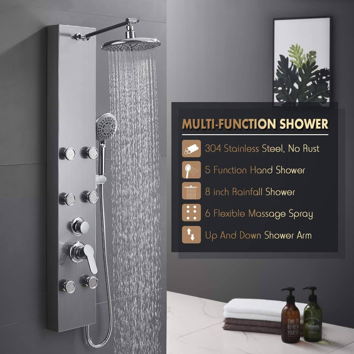 Stainless Steel Shower Panel Tower System with Rainfall Shower Head and Handheld Shower E40645