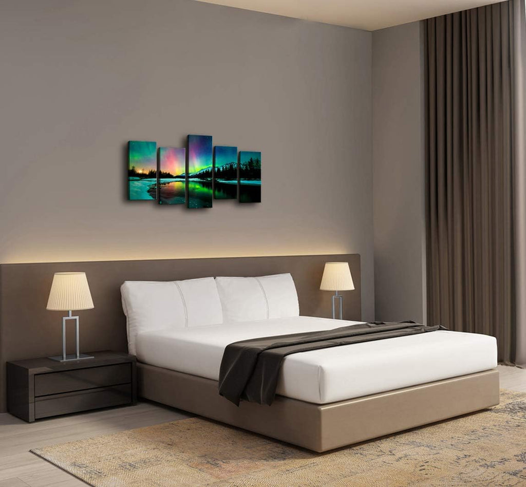 5 Pieces Green Aurora Borealis Scenery Canvas Prints Ready to Hang O33379