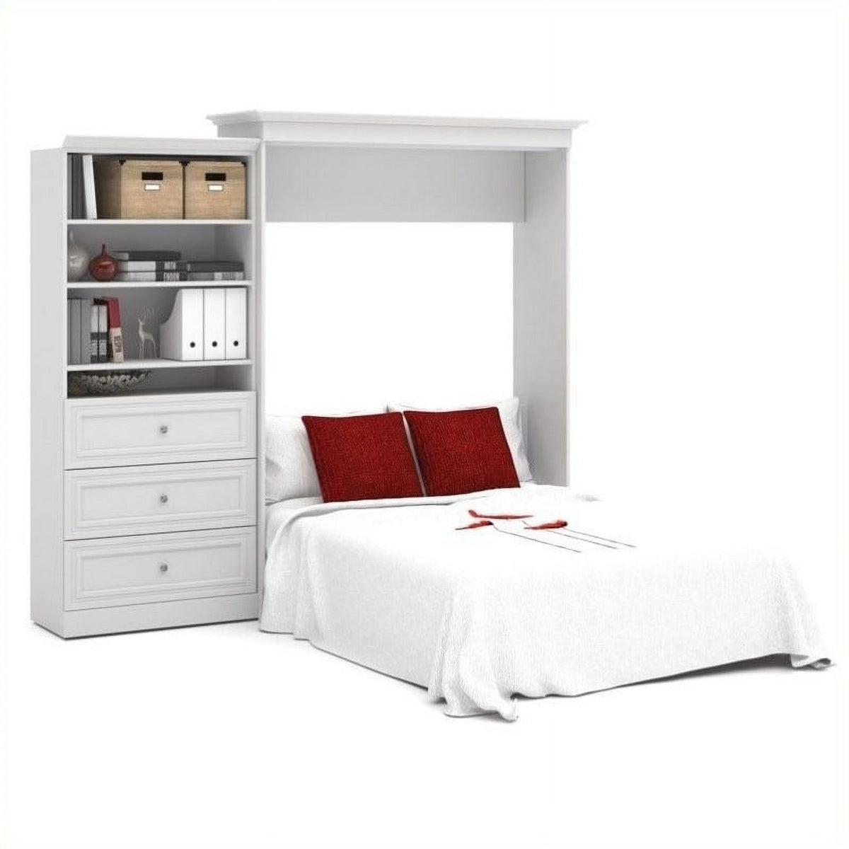 White Wood Queen Murphy Bed with Drawers A123