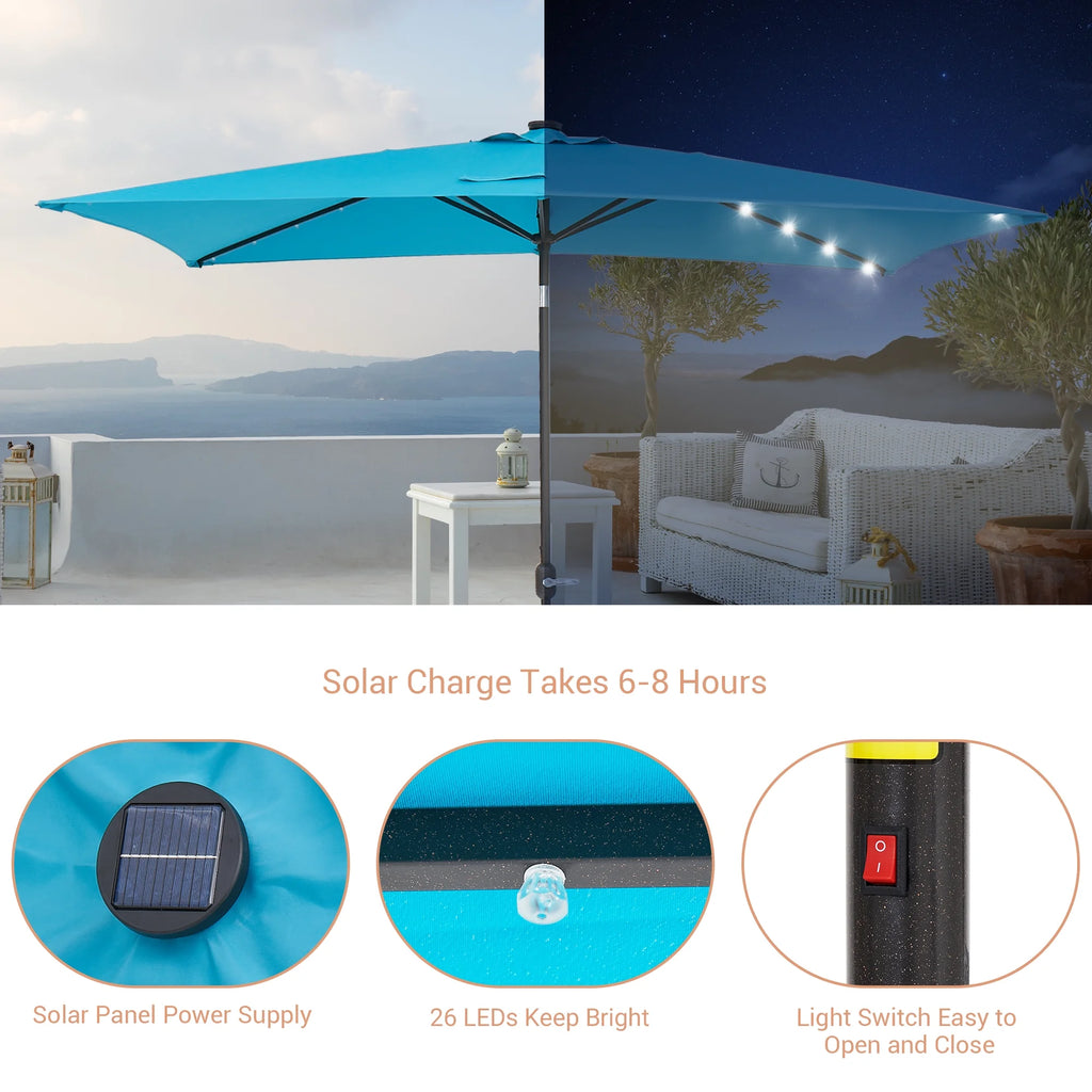 10 x 6.5ft LED Rectangle Outdoor Patio Umbrella with Polyester Canopy, Lake Blue I6849