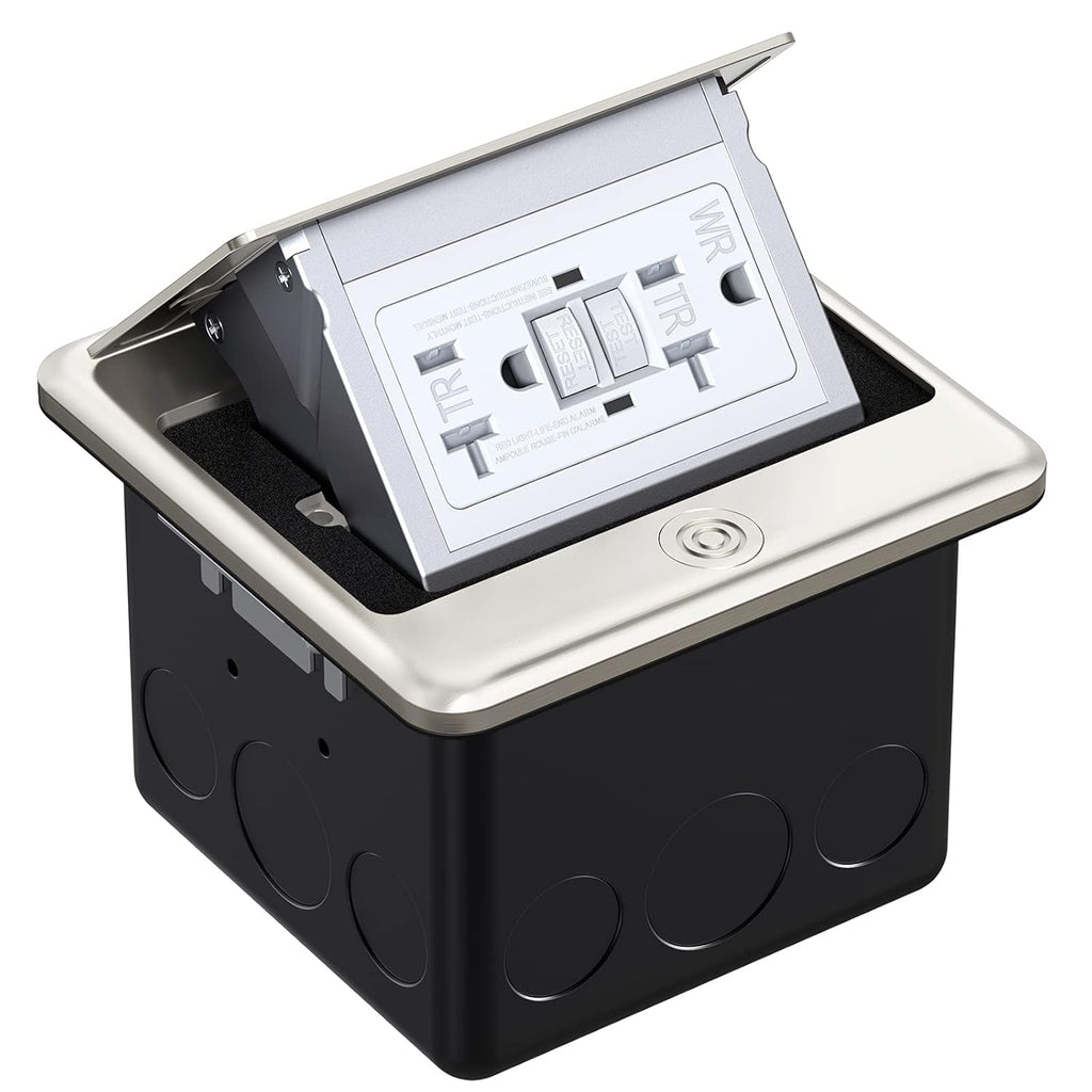 Brushed Nickel Pop Up Floor Outlet Covers Box with 20 Amp Stainless Steel GFCI Tamper Resistant Receptacle Outlet, Pack of 2 T224060