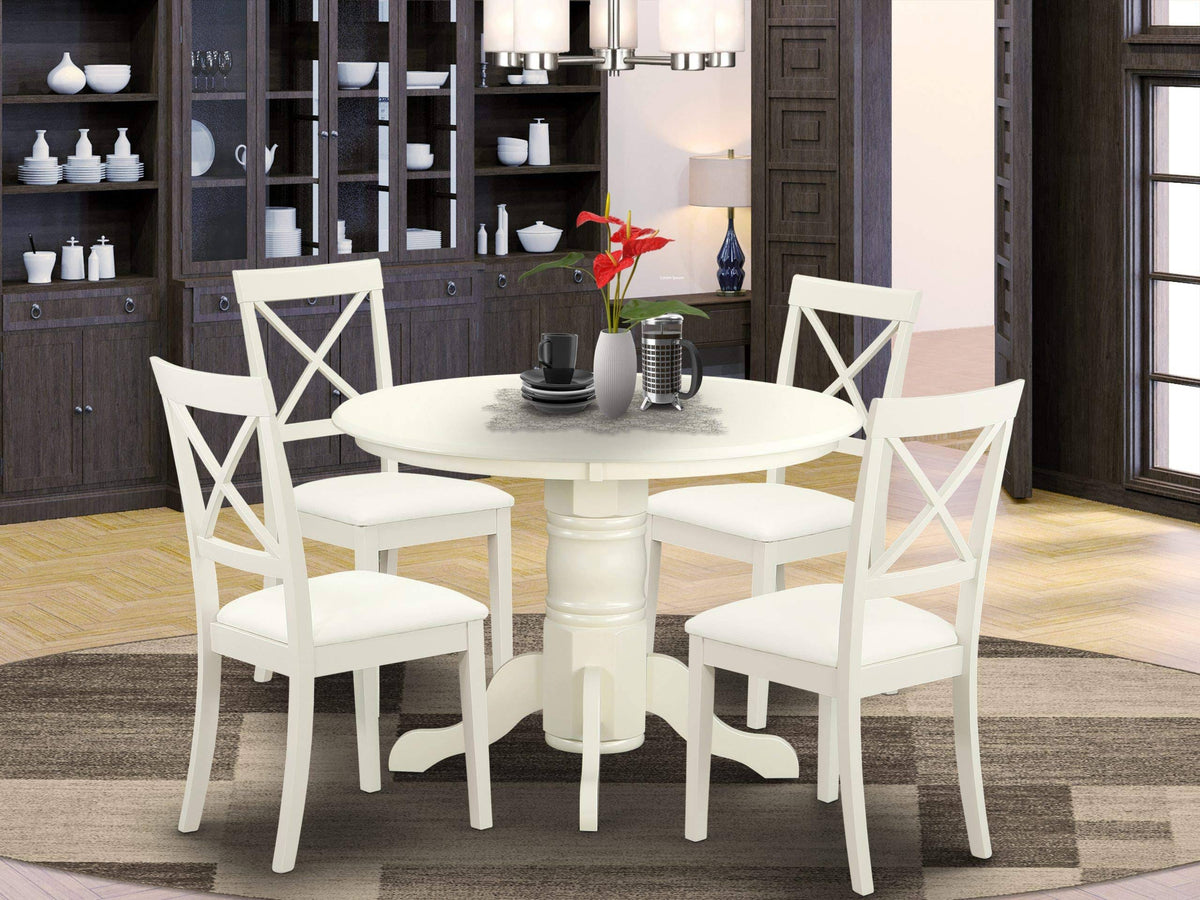 5 Piece Round Dinette Table and 4 Chairs with Faux Leather Seat in Linen White Finish O86286