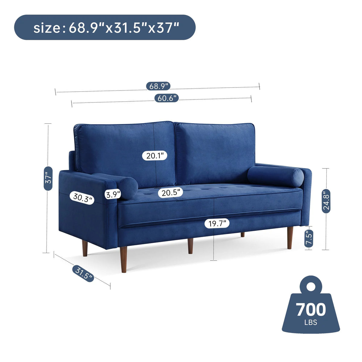 69" Tufted Velvet Sofa with Bolster Pillows R131951