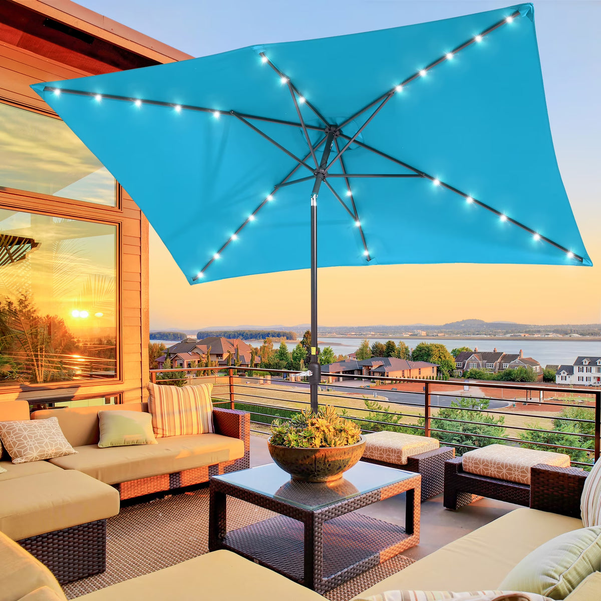 10 x 6.5ft LED Rectangle Outdoor Patio Umbrella with Polyester Canopy, Lake Blue I6849