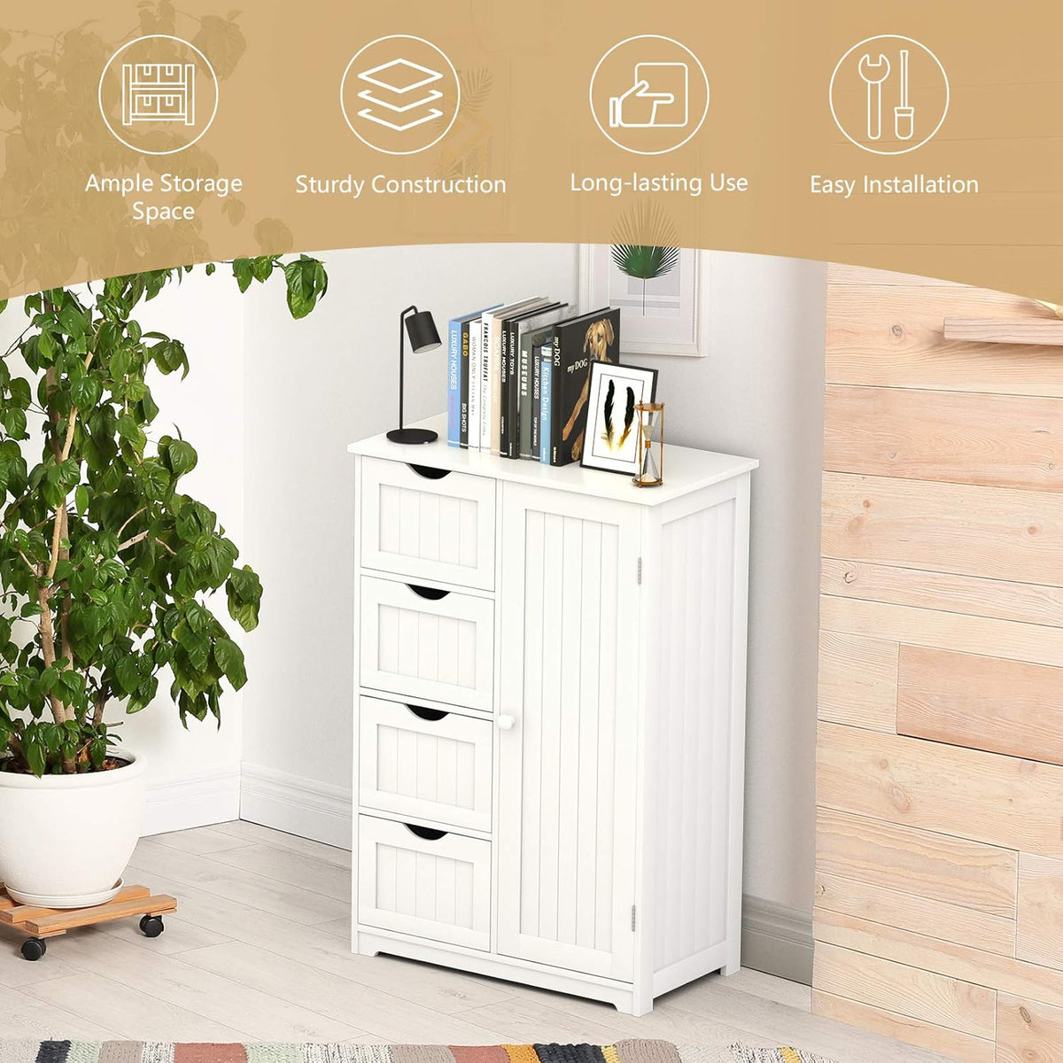 Bathroom Floor Cabinet with 4 Drawers and Door L1200