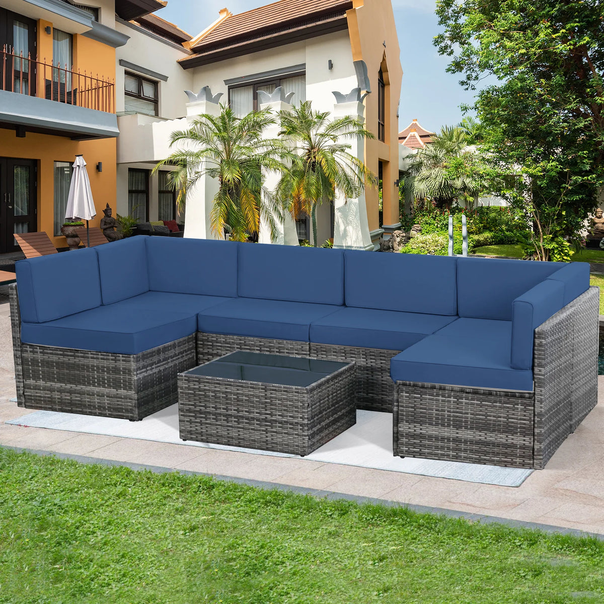 7 Piece Rattan Wicker Sectional Sofa Set with Table M996315