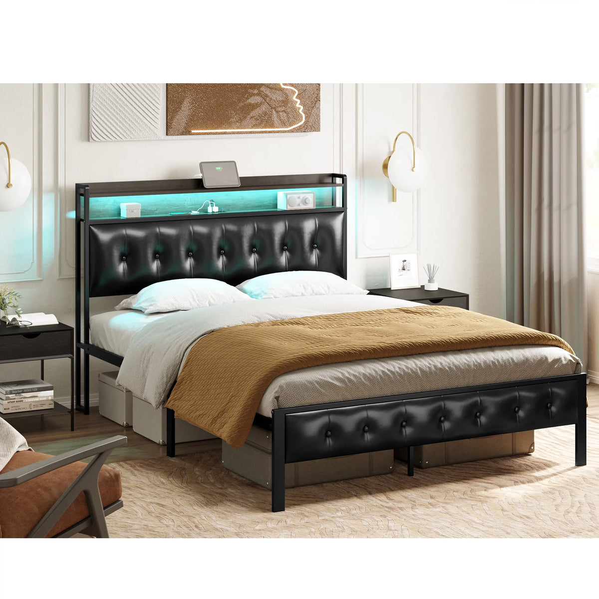 Queen Upholstered Platform Bed Frame with Storage Headboard U433770