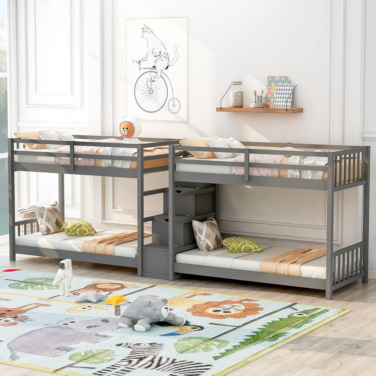 Twin Over Twin Wood Bunk Beds with Storage Staircase and Guardrails Q63551