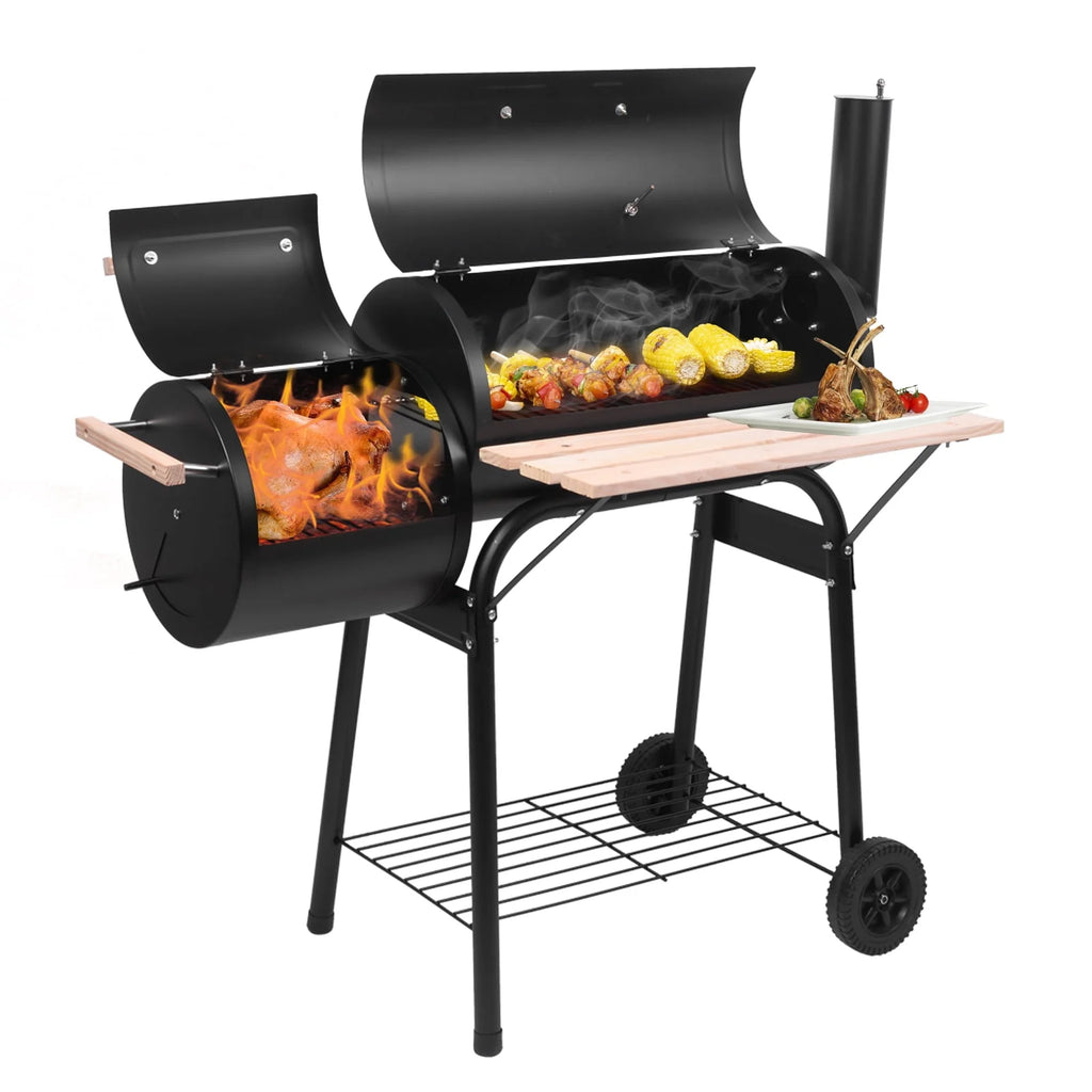Charcoal Grill Portable BBQ Grill and Offset Smoker Steel BBQ Pit Black O8677