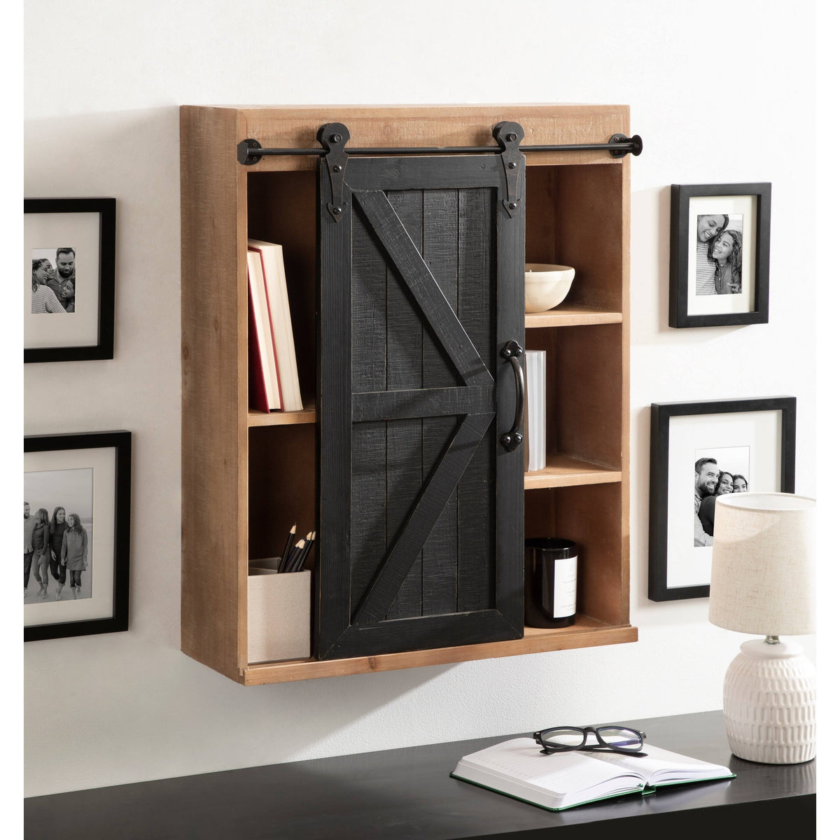 Rustic Gray Wood Wall Storage Cabinet with Sliding Barn Door K179571