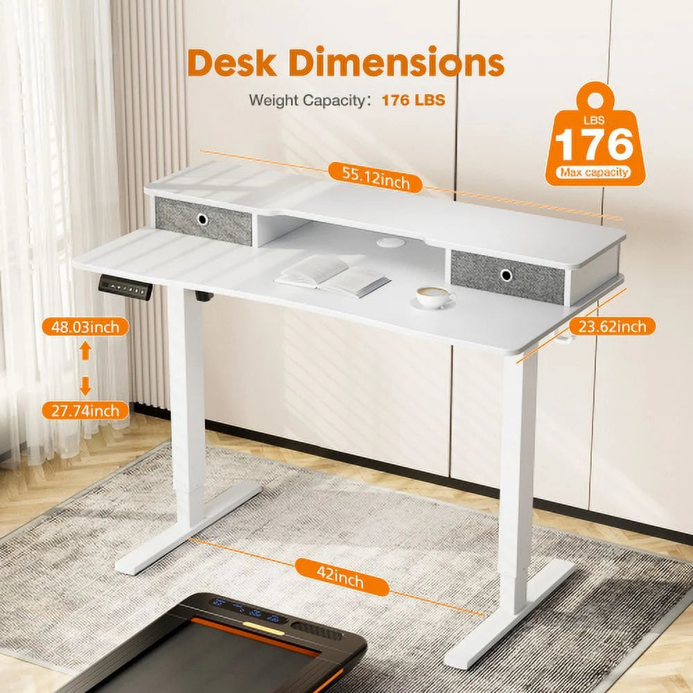 Height Adjustable Electric Standing Desk with Storage Shelf Double Drawer White W41784