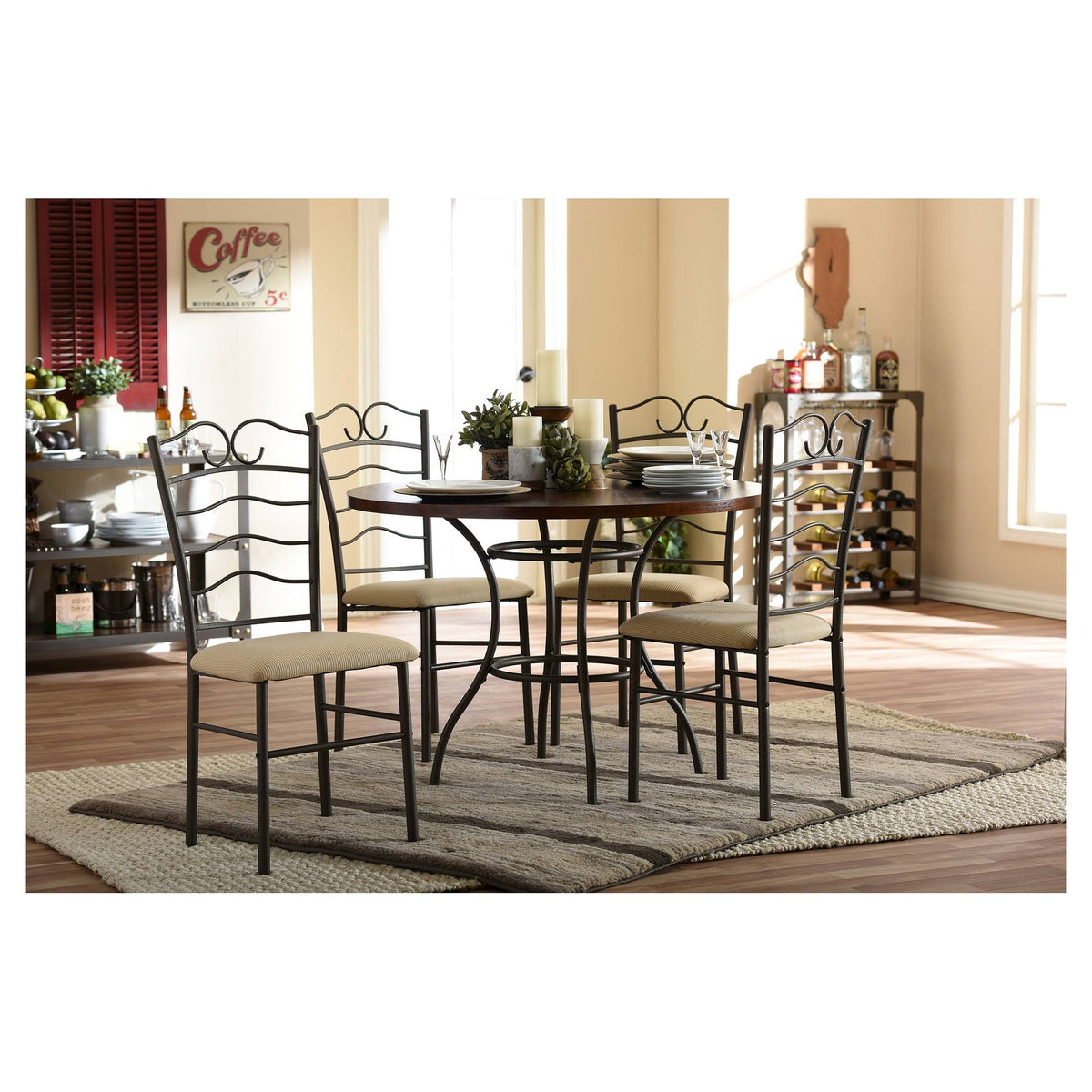 5-Piece Walnut Wood and Black Metal Dining Set C3832