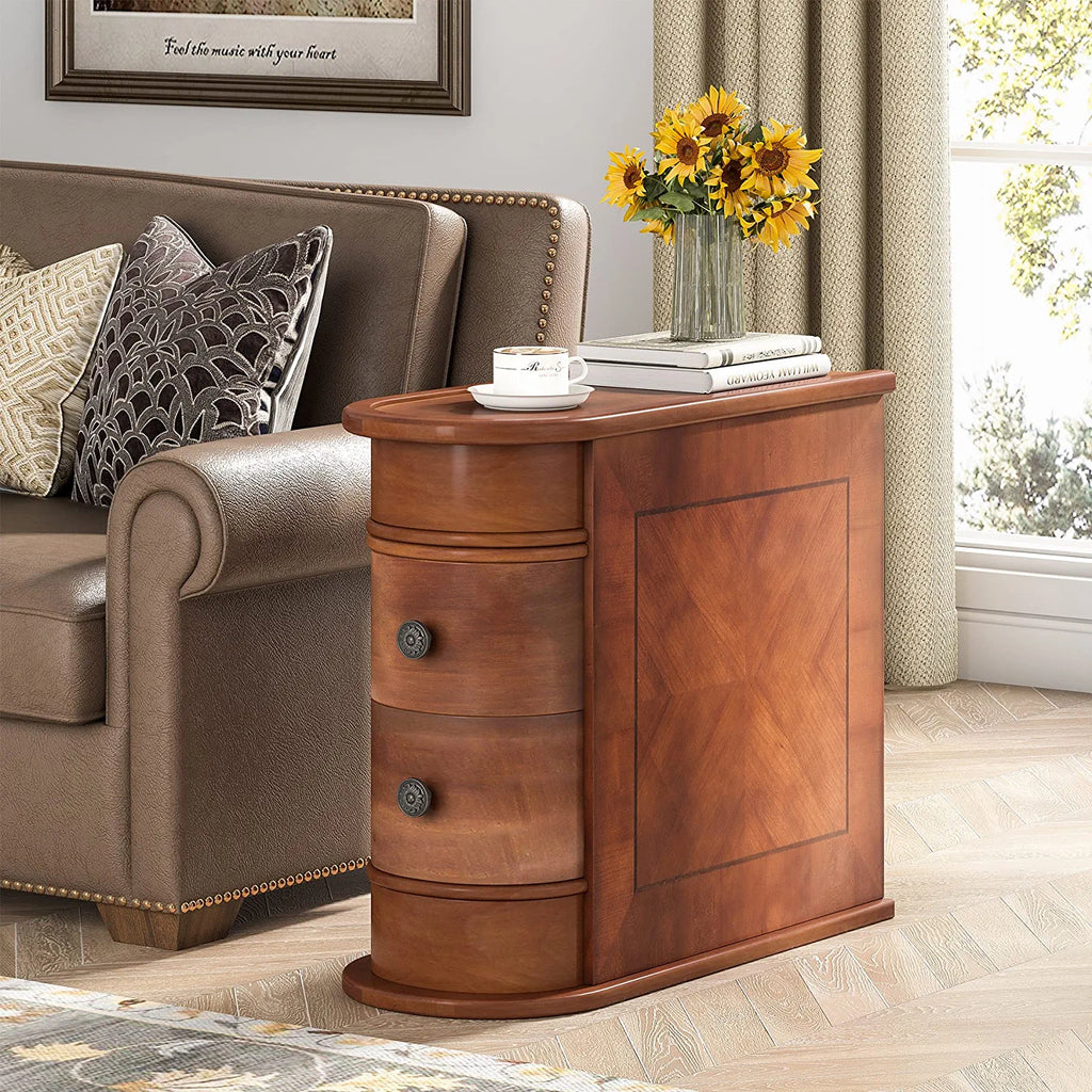 Half Round End Table with 2 Drawers, Sofa Side Desk with Storage, Slim Nightstand, Brown A154854