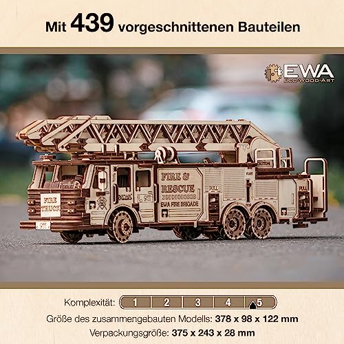 3D Wooden Puzzle Fire Truck Mechanical Model Kit with Wind Up Mechanism, 439 Pieces D8040