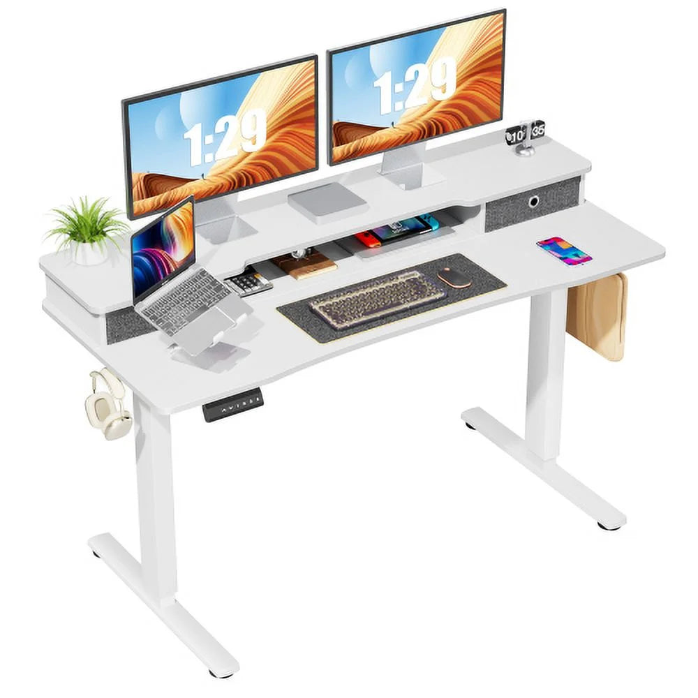 Height Adjustable Electric Standing Desk with Storage Shelf Double Drawer White W41784