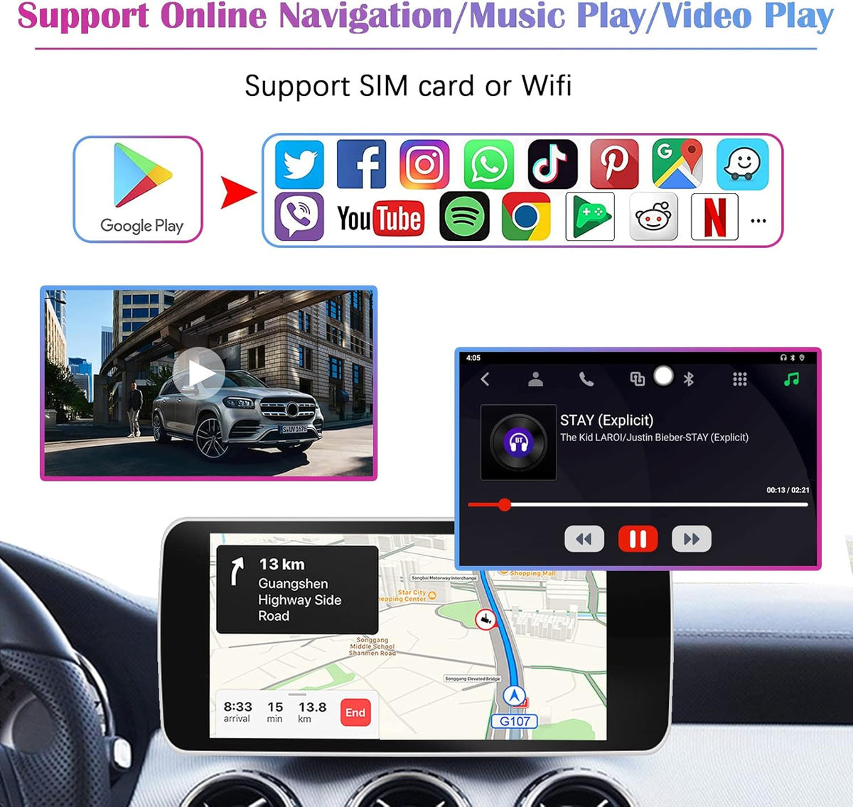 Wireless CarPlay Android AUTO Multimedia Video Box 4G Cellular, 4GB+64GB, 8 Core, Android 9.0 System, Built-in Navigation, Support SIM & TF Card Bluetooth, OEM Wired CarPlay E12540