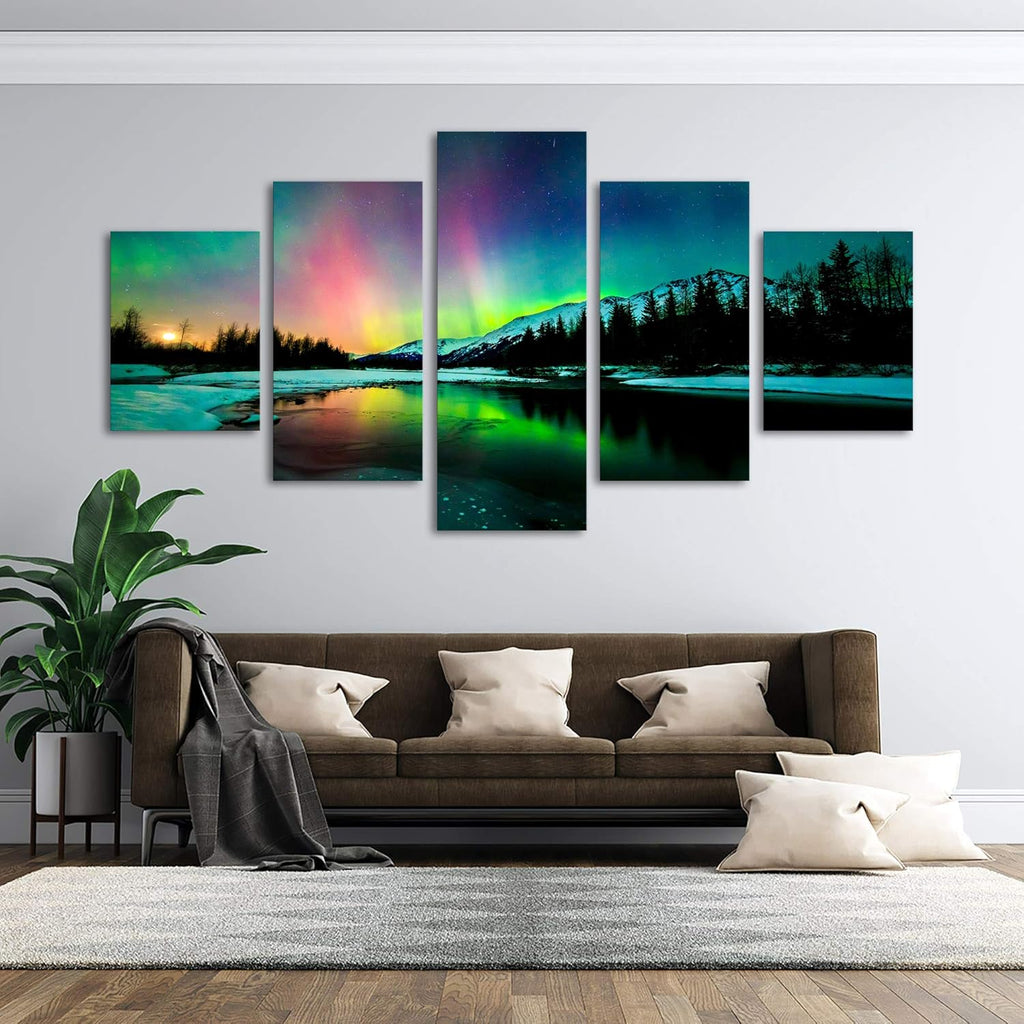5 Pieces Green Aurora Borealis Scenery Canvas Prints Ready to Hang O33379
