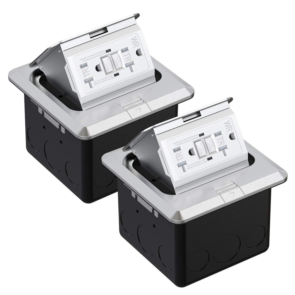 Brushed Nickel Pop Up Floor Outlet Covers Box with 20 Amp Stainless Steel GFCI Tamper Resistant Receptacle Outlet, Pack of 2 T224060