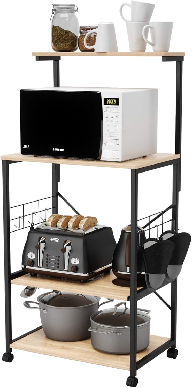 Oak 4 Tier Kitchen Rack with Storage Shelf and Rolling Cart W18779