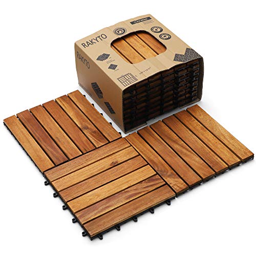 Interlocking Deck Tile (Pack of 10, 12"x12") Acacia Hardwood Patio Tile in Solid Acacia Wooden Oiled Finish Waterproof Golden Teak Color I3245